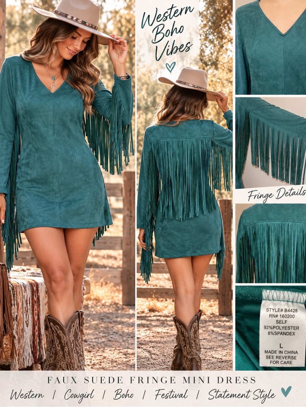 Boho Cowgirl Teal V-Neck Vegan Suede Fringe Mini Dress